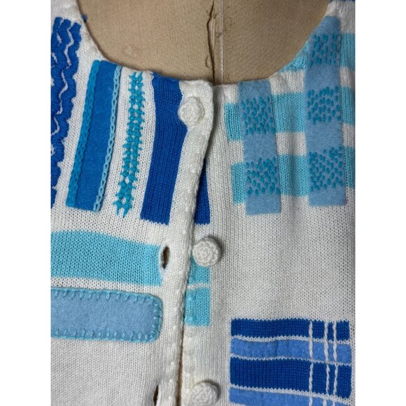 Y2K Michael Simon cardigan blue white plaid appliqued Size L - Picture 9 of 9